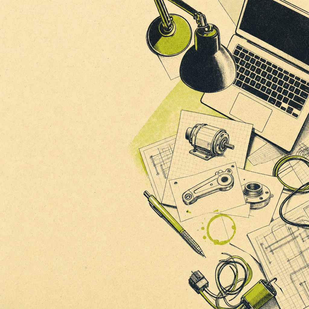 Overhead illustration of a maker's workbench with sketches, a laptop and loose notes