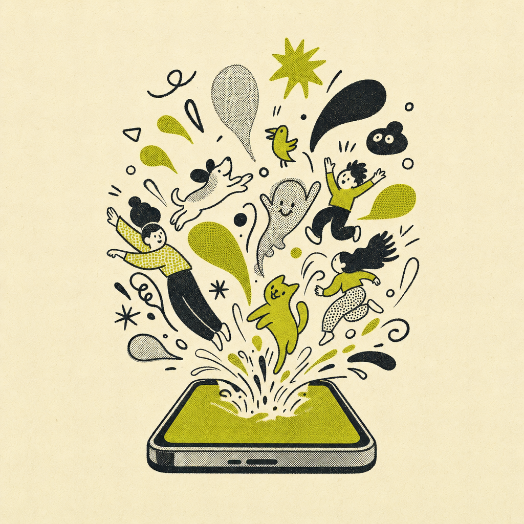 Illustration of doodle characters leaping out of a phone screen