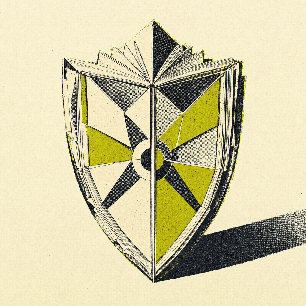Illustration of a shield built from book pages